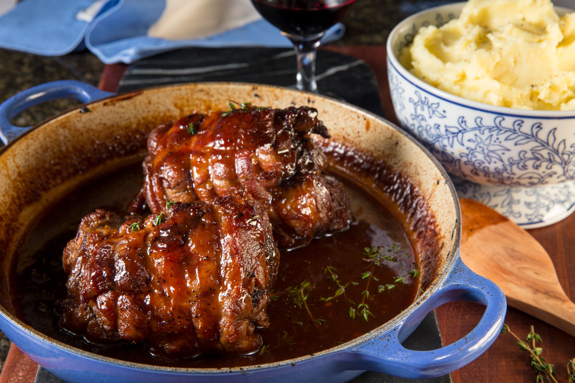 The roast lamb, slow-braised in chicken stock with mirepoix, Madeira, fresh thyme and apricot jam, fills the house with rich aromas in anticipation of a festive dinner.