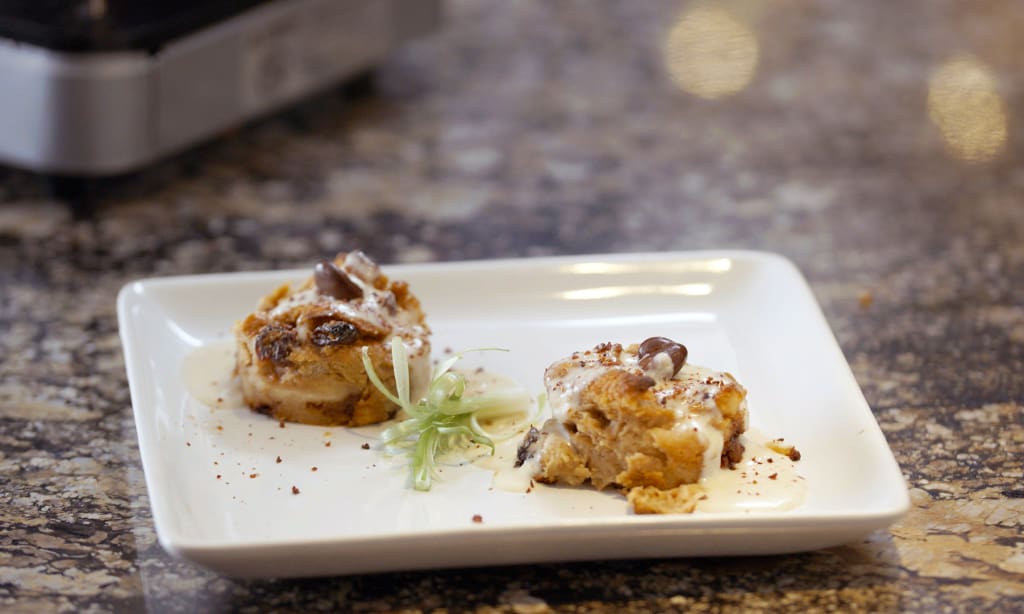 By combining whiskey, cherry juice, Madagascar vanilla bean, and more, you'll create a mouthwatering cream sauce that's the perfect complement to your bread pudding. 