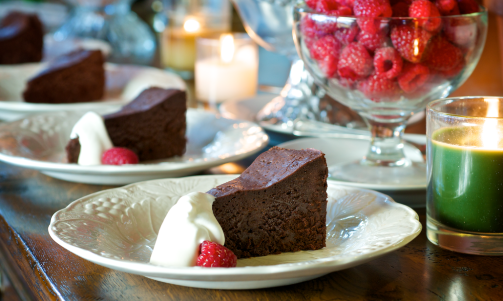 Here’s the famous rich and decadent chocolate cake named for its missing ingredient. Dense, moist and super-chocolaty