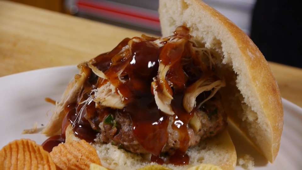 The Uncle Tommy Burger - Venison Burger topped with pulled BBQ Rabbit