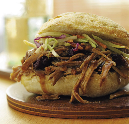 Spicy Pulled Pork in Tart Cherry Sauce with Vanilla Slaw