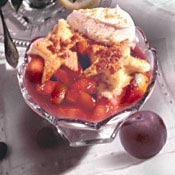 Plum Cobbler with Marzipan Biscuit Topping