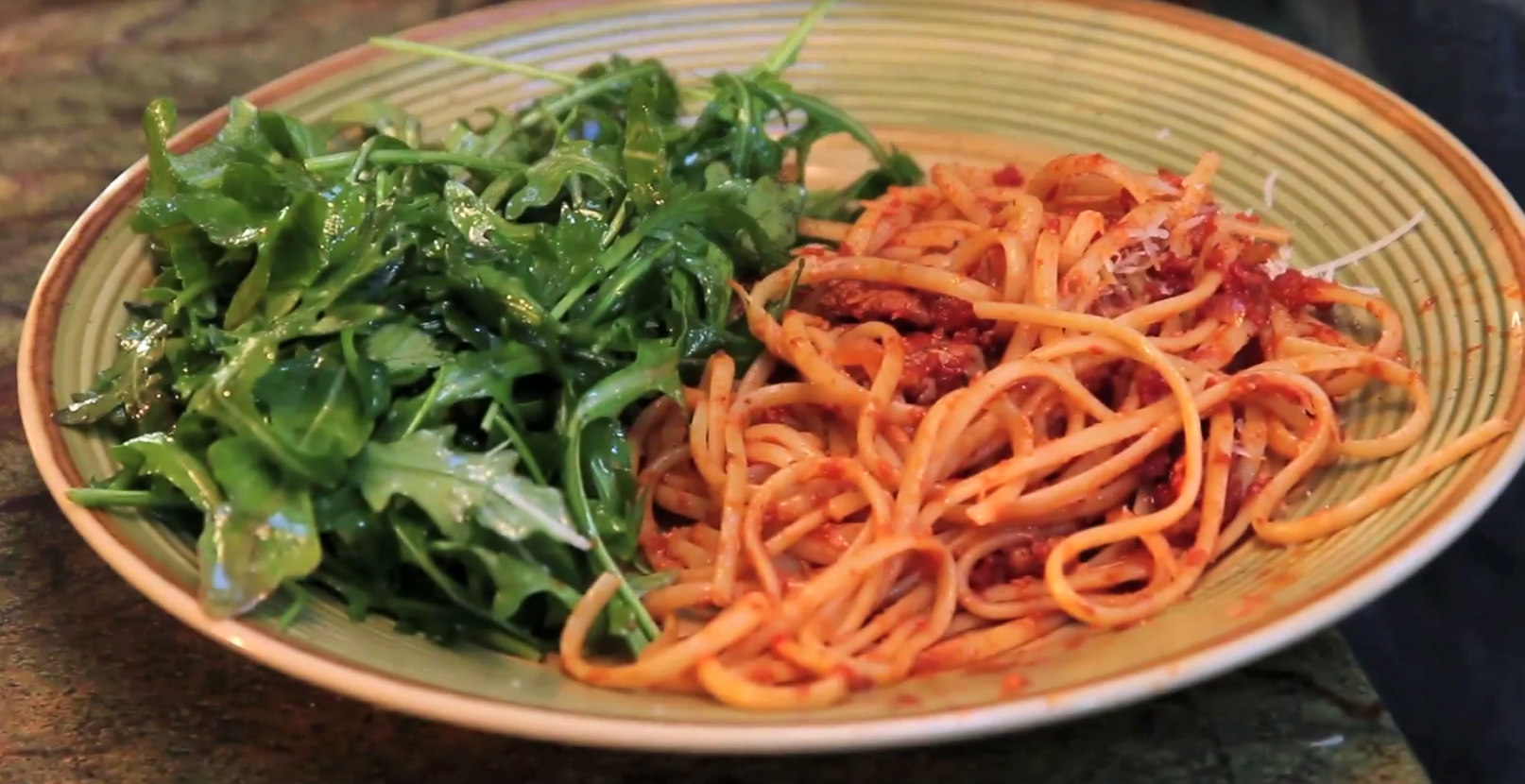 Hearty Spaghetti with Ground Sausage and Arugula Salad