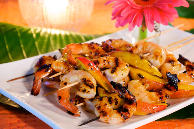 Tequila grilled shrimp and mango skewers
