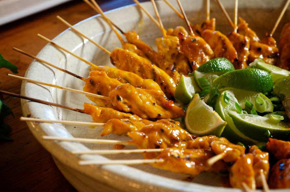 Golden Dijon Mustard Spicy Chicken SkewersFor this festive appetizer, we grilled juicy marinated chicken tenders skewered on bamboo sticks, and basted them with a tangy-sweet honey mustard BBQ sauce spiked with sweet chili sauce. Simply delicious! 