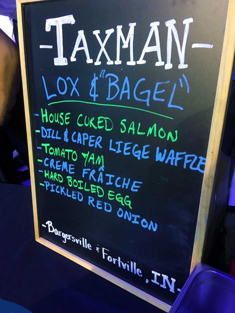 Restaurant menu chalkboard outlining offerings from Taxman Brewery at the Baby Got Brunch event