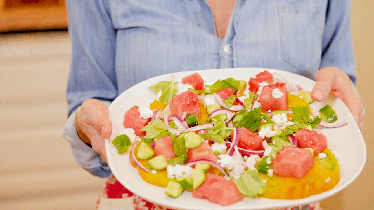 From Guest Contributor Roni Proter, the combination of sweet watermelon, juicy heirloom tomatoes, crunchy cucumber, bright herbs and salty feta is perfection!