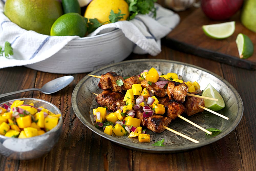 Three favorite things: jerk-rubbed chicken, mango and salsa. This recipe for Jerk Rubbed Chicken Skewers with Mango Salsa is Stephen Curry and we're sure dad will concur!