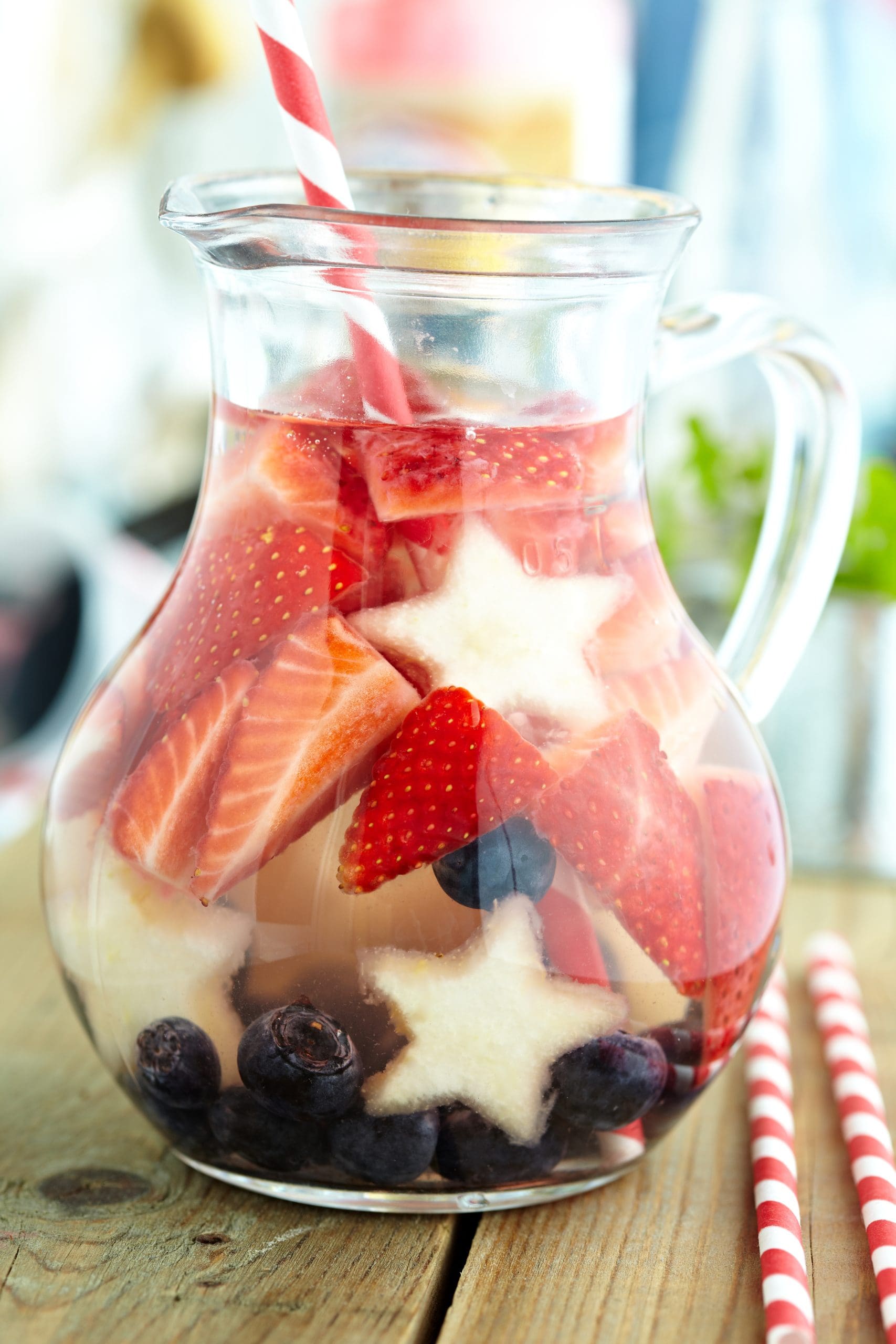 Large batch� Red, White, and Blue Sangria is not only incredibly tasty but it looks beautiful when served in a 2-quart glass pitcher. Impress your guests with a cocktail that's just as exciting as the fireworks.