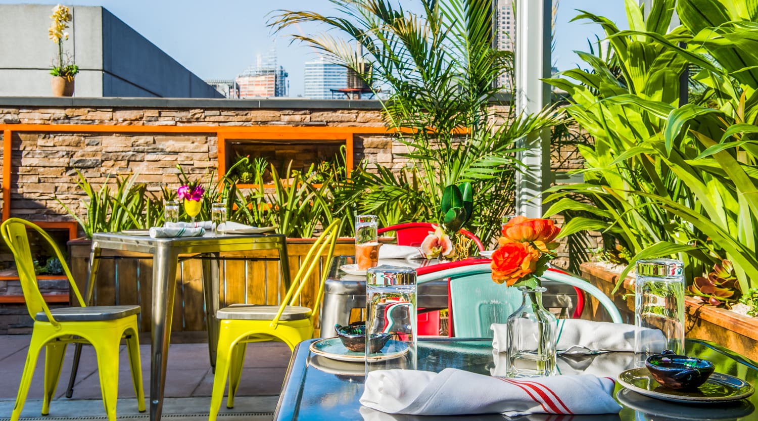 Cantina Rooftop Restaurant is a virtual fiesta of color, with a variety of individual and communal tables. And when the sun goes down, it truly is a fiesta as the space transforms into a nightclub with live music.