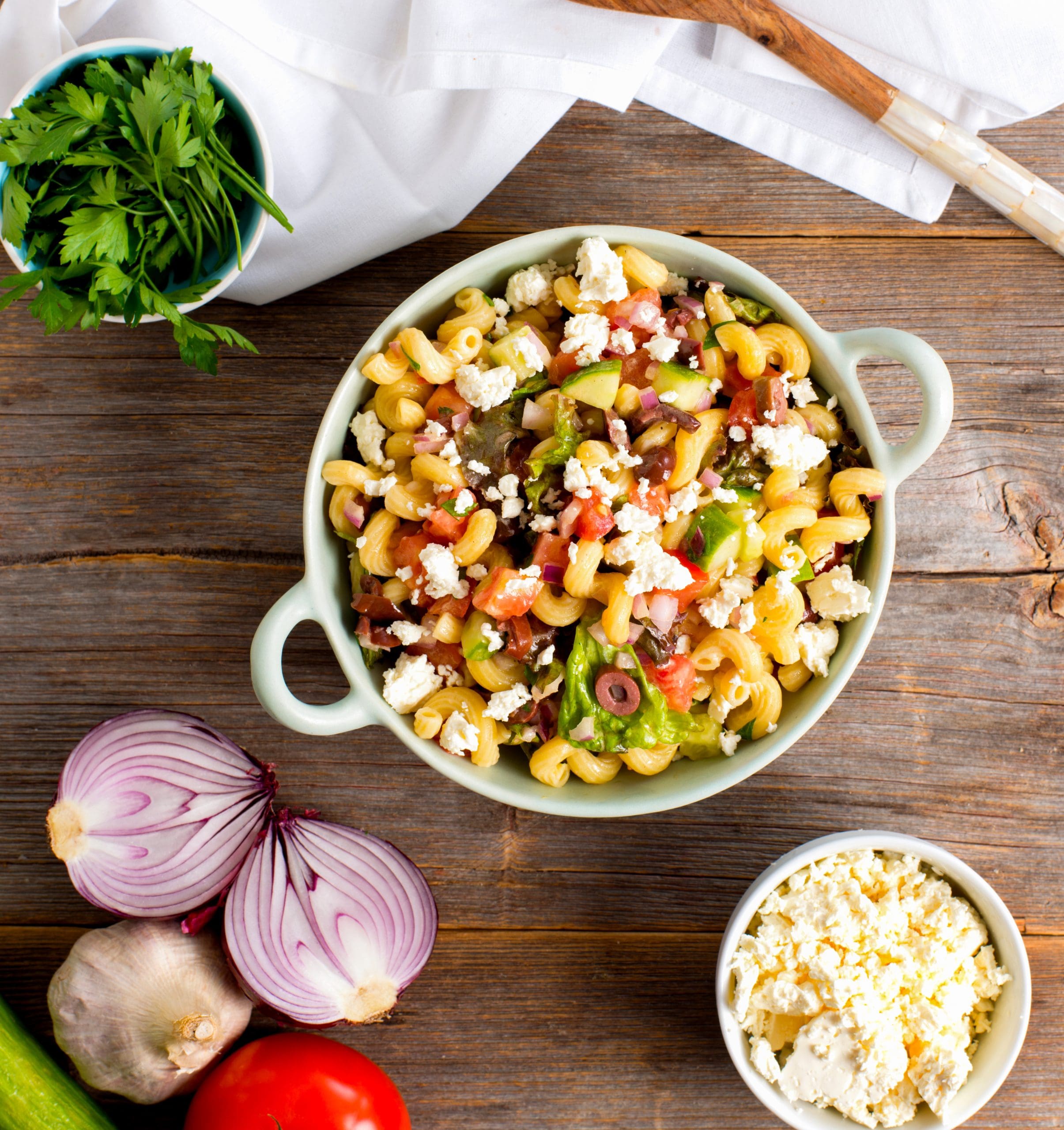 This light and lively Greek pasta salad is great for lunches, picnics, barbecues or potlucks. Enjoy as-is or add chicken, fish or pork to amp up the protein.