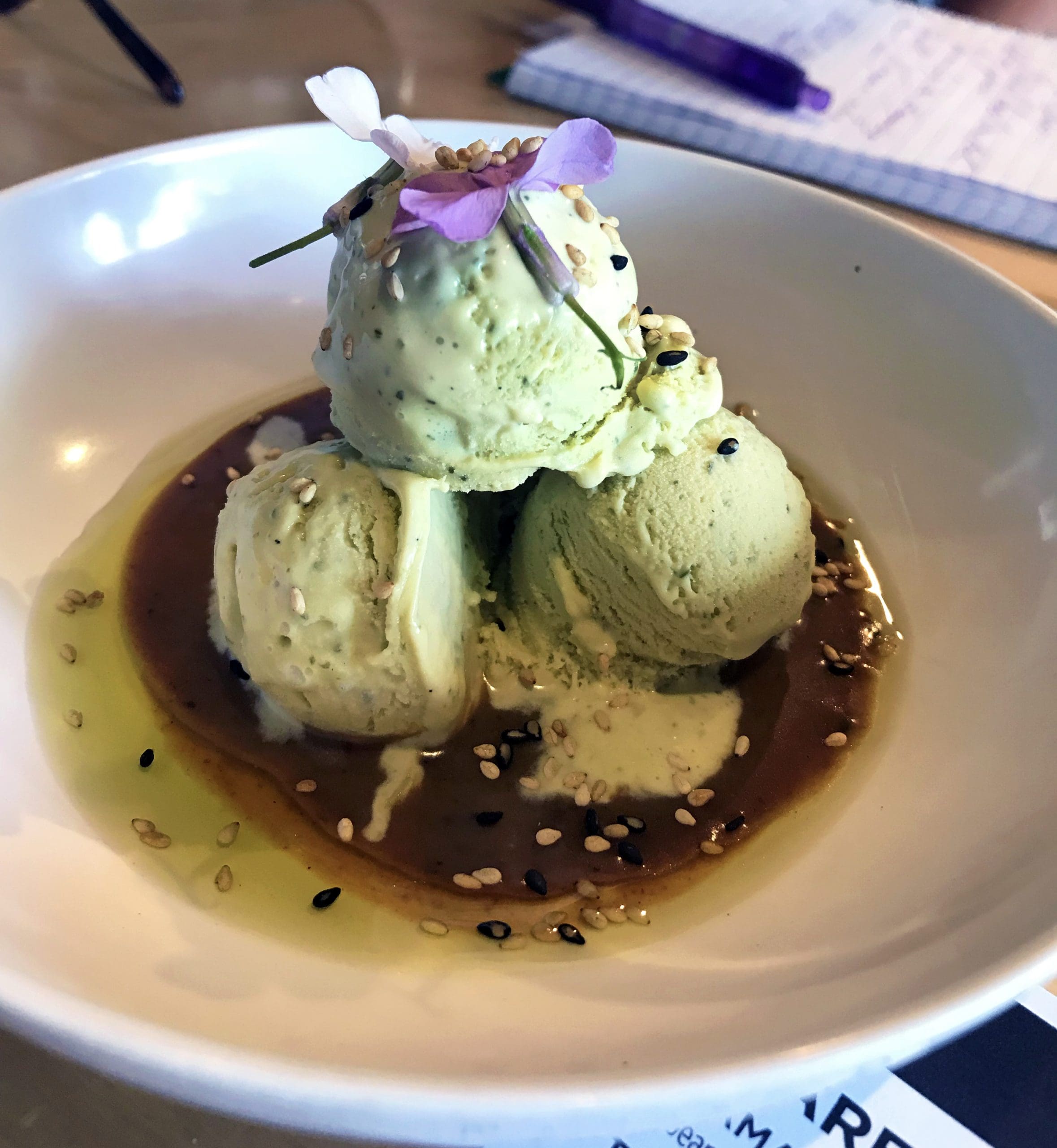 Fresh, homemade, basil vanilla bean ice cream with a burnt miso caramel sauce and toasted sesame seeds. Let thank sink in - my mouth is watering at just the memory. T