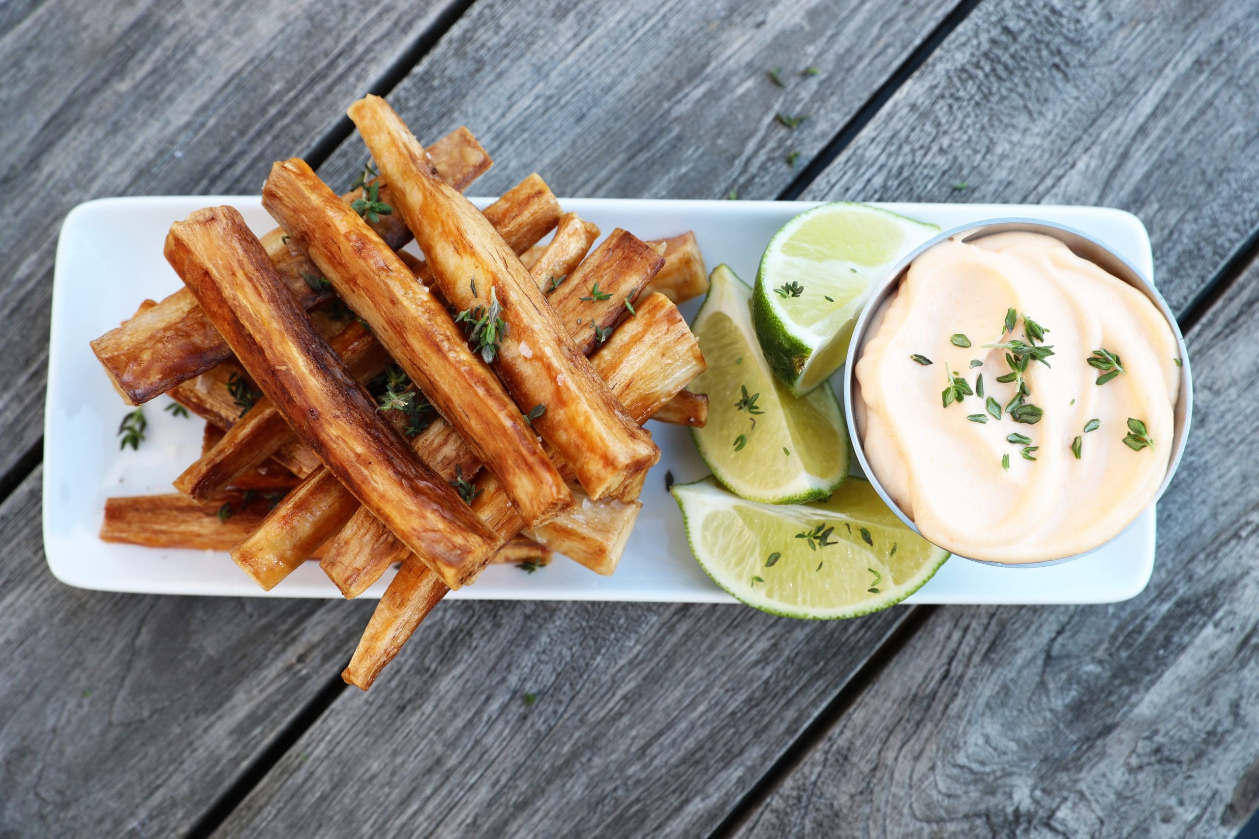 Cassava is commonly referred to as the Yucca Root, a starchy vegetable that can be treated just like a potato! Paired with a sriracha mayo, this side dish is best with Brazilian barbecue.