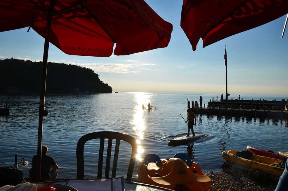 Sitting lakeside at Fred and Fuzzy's Restaurant in Door County, Wisconsin.