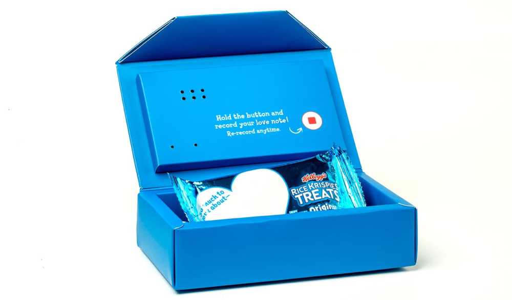 For children who are auditory learners or don't read Braille, the re-recordable audio box holds Rice Crispy Treats inside and, when opened, plays a 10-second pre-recorded message. The boxes can be recorded over more than 1,000 times, so can last throughout the school year.