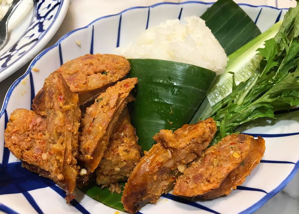 Northern Thailand Sausage served with rice at a Bangkok street market.