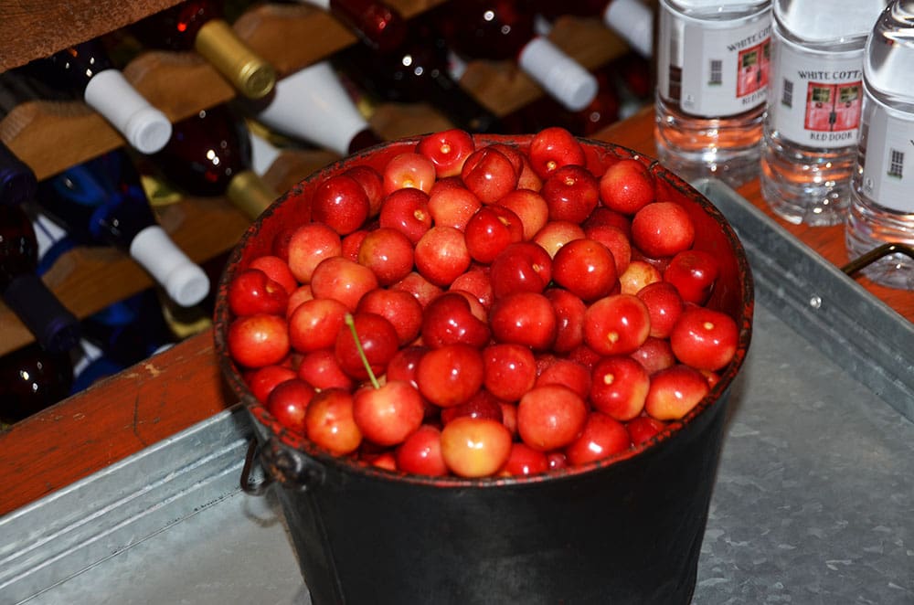 A basket filled with fresh picked cherries at White Cottage Red Door in Door County, Wisconsin.