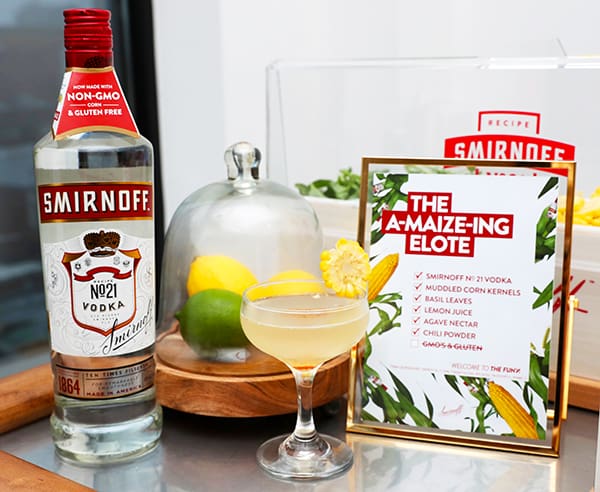 The ah-maize-ing elote features smirnoff no. 21 vodka, fresh corn kernels, lemon juice, agave nectar, basil leaves and chili powder.