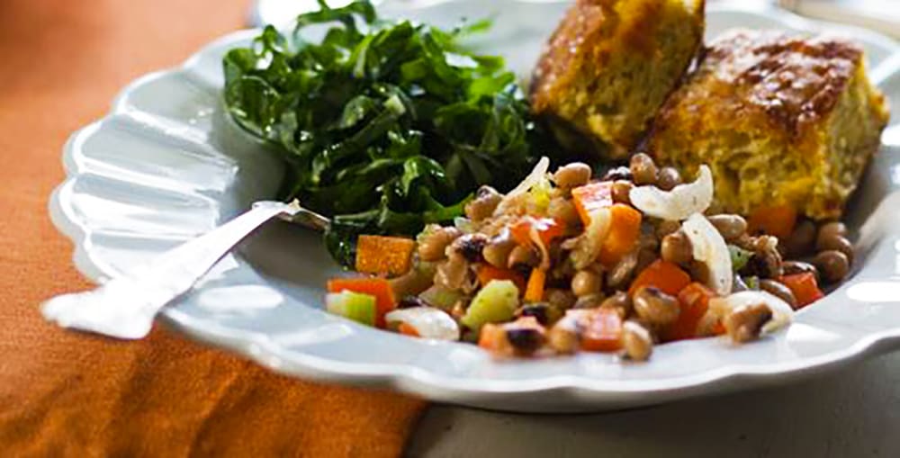Black-eye peas, cornbread and collard greens.