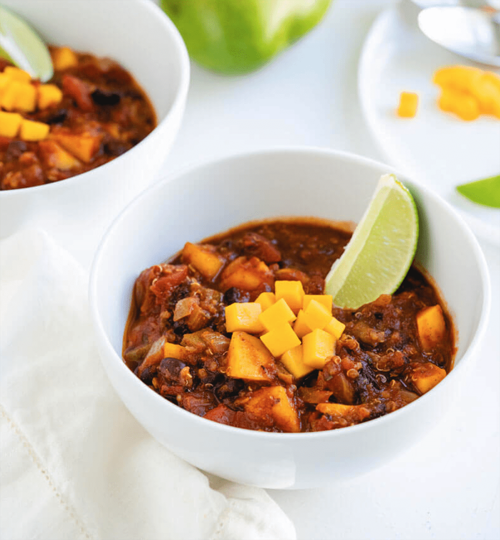 Chili is a huge cold-weather favorite, and vegan varieties continue to grow in popularity. Not just for vegans, but for many who are flexitarians. The mango in this recipe imparts its signature sweetness. Alex and Sonja say the allspice and squeeze of lime kick this Mango Black Bean Chili up a notch!