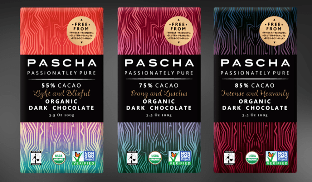 A trio of coffee bean packages that illustrate the use of gradient design. The colors move from pastels to bold to give the packaging a richness of design and to draw the eye of consumers.
