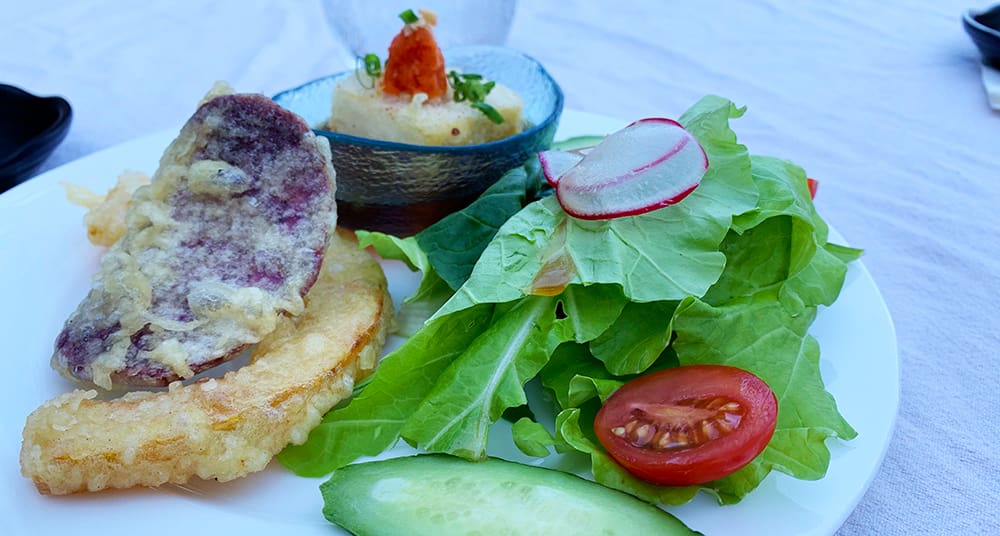 First, the food. We swooned over the Eel Bomb (and this from a girl who never cared for eel). The roll included shrimp, spicy tuna, eel, local avocado, and eel sauce, and goes on the list of “best things I ever ate.” The plate also included Okinawa sweet potato, classic tofu, salad with ingredients from local grower, and Japanese squash, making it a treat for the eyes as well as for the taste buds.