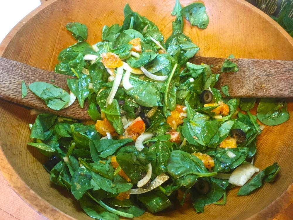 From Death al Fresco: This is the salad, my dad, Mario, came up with for the big sister-cities dinner that Solari's hosted for the visiting dignitaries from Sestri Levante. The combination of the sweet oranges, crunchy fennel, and salty olives makes for a zesty palate-cleanser.