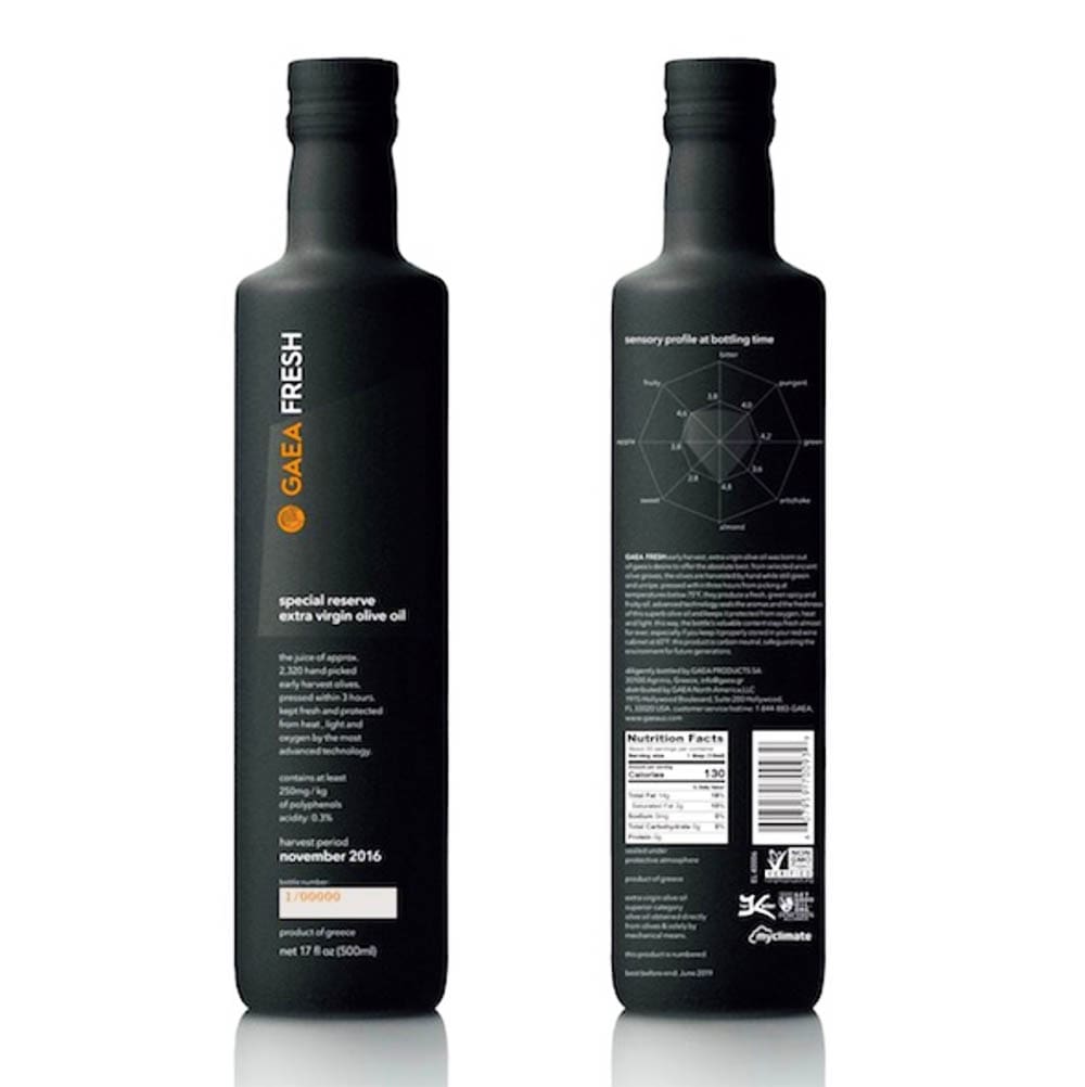 A comparison of the qualities of extra virgin olive oils on bottles provided by Gaea.